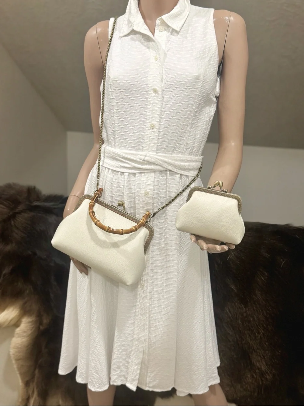 Handsewn Genuine Pebble Leather, Retro Style Kisslock & Bamboo Handle Bag Set